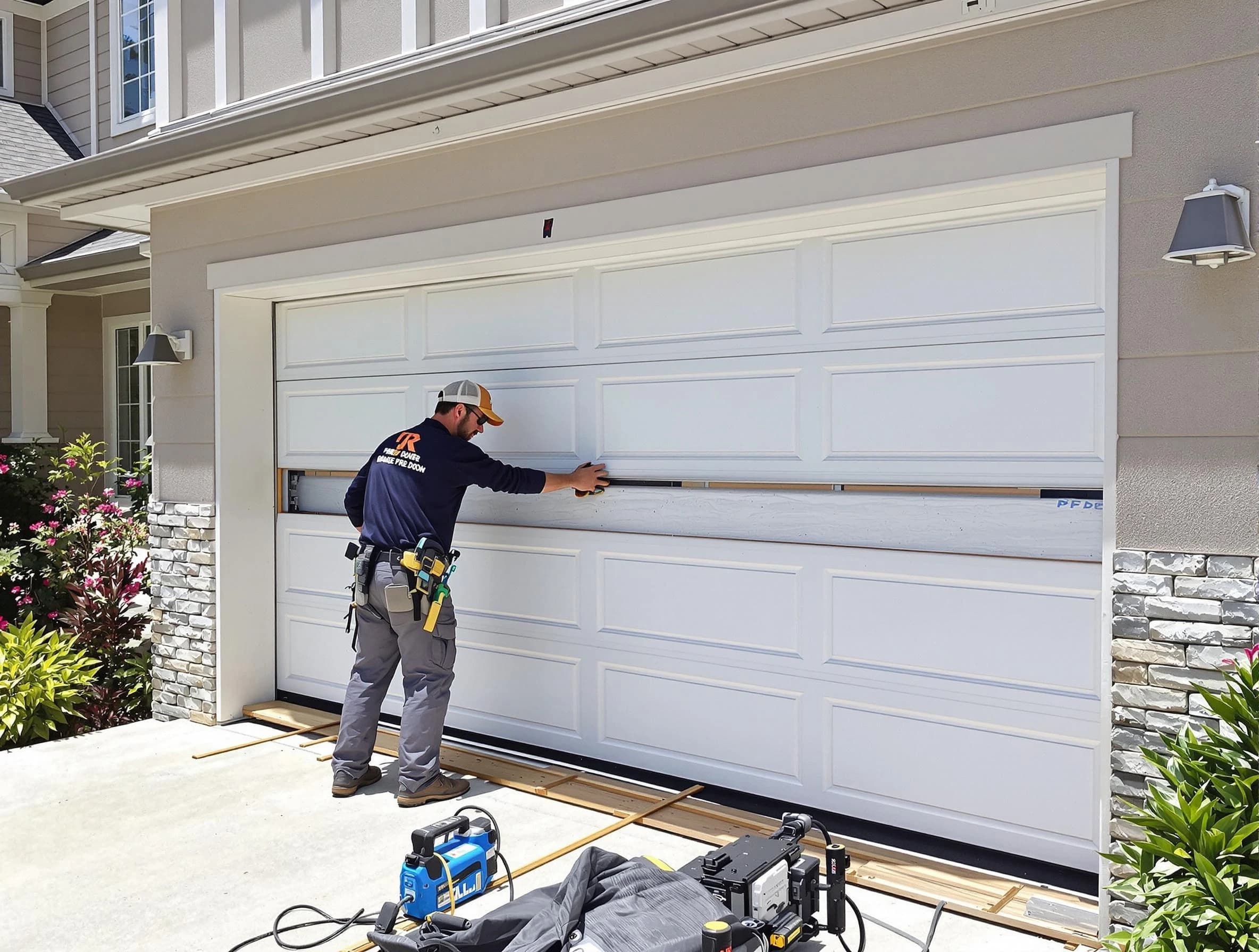 Monroe Garage Door Repair team performing complete garage door replacement at Monroe residence