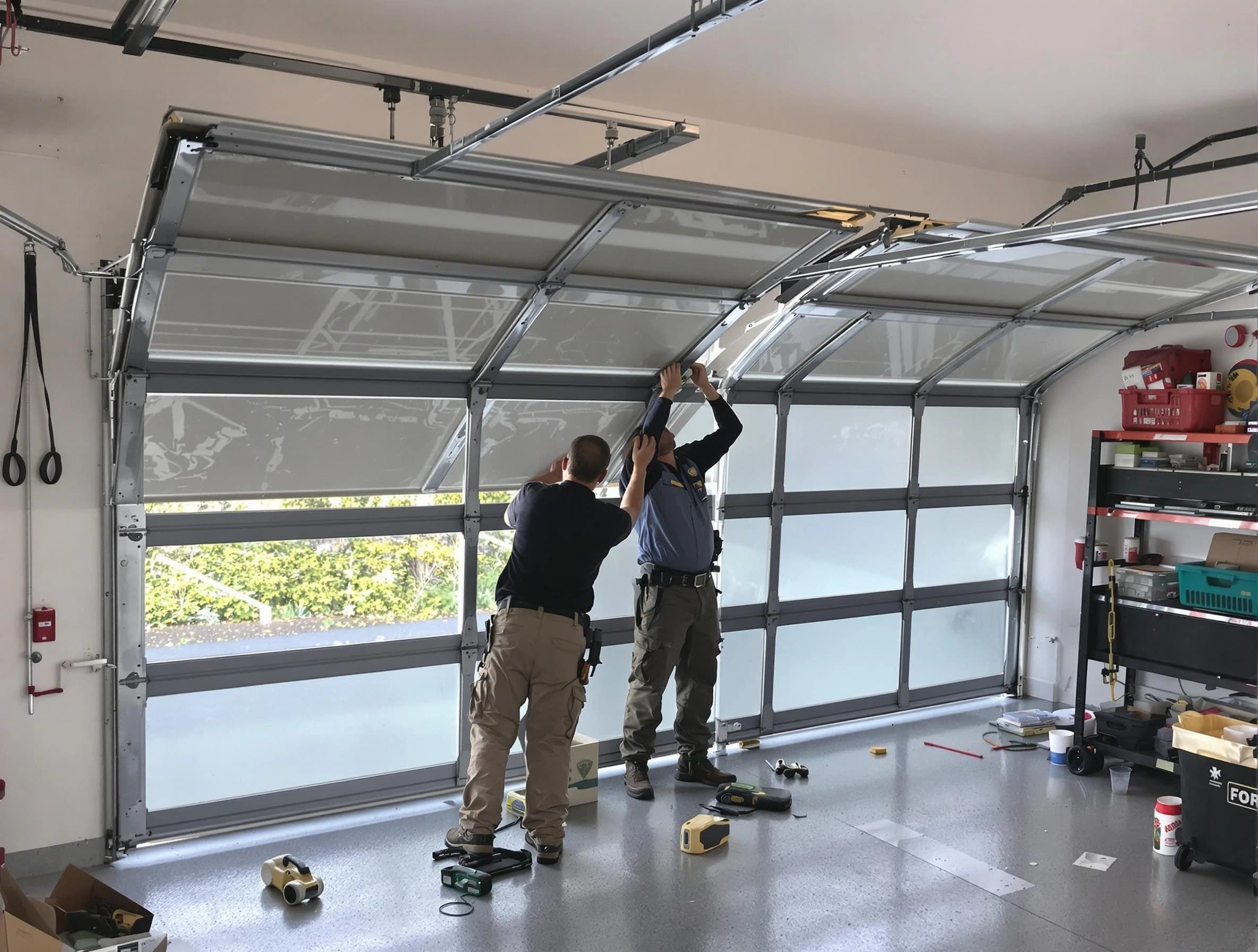 Monroe Garage Door Repair expert performing precise panel replacement on Monroe garage door