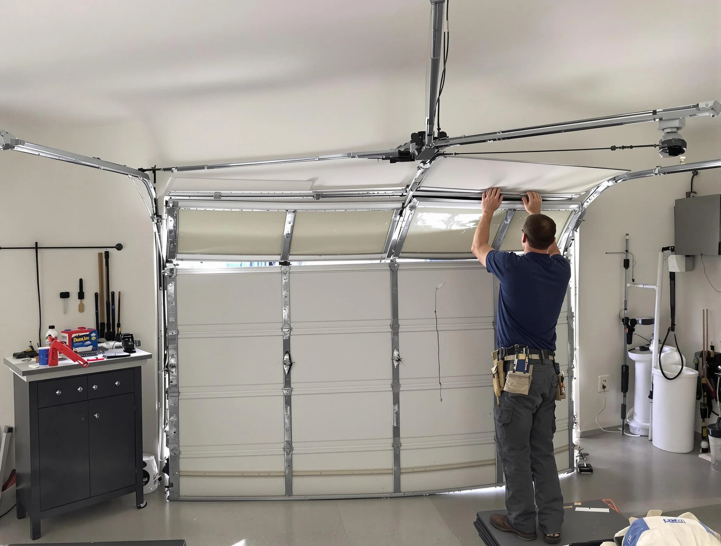 Monroe Garage Door Repair specialist performing precise section replacement on Monroe garage door