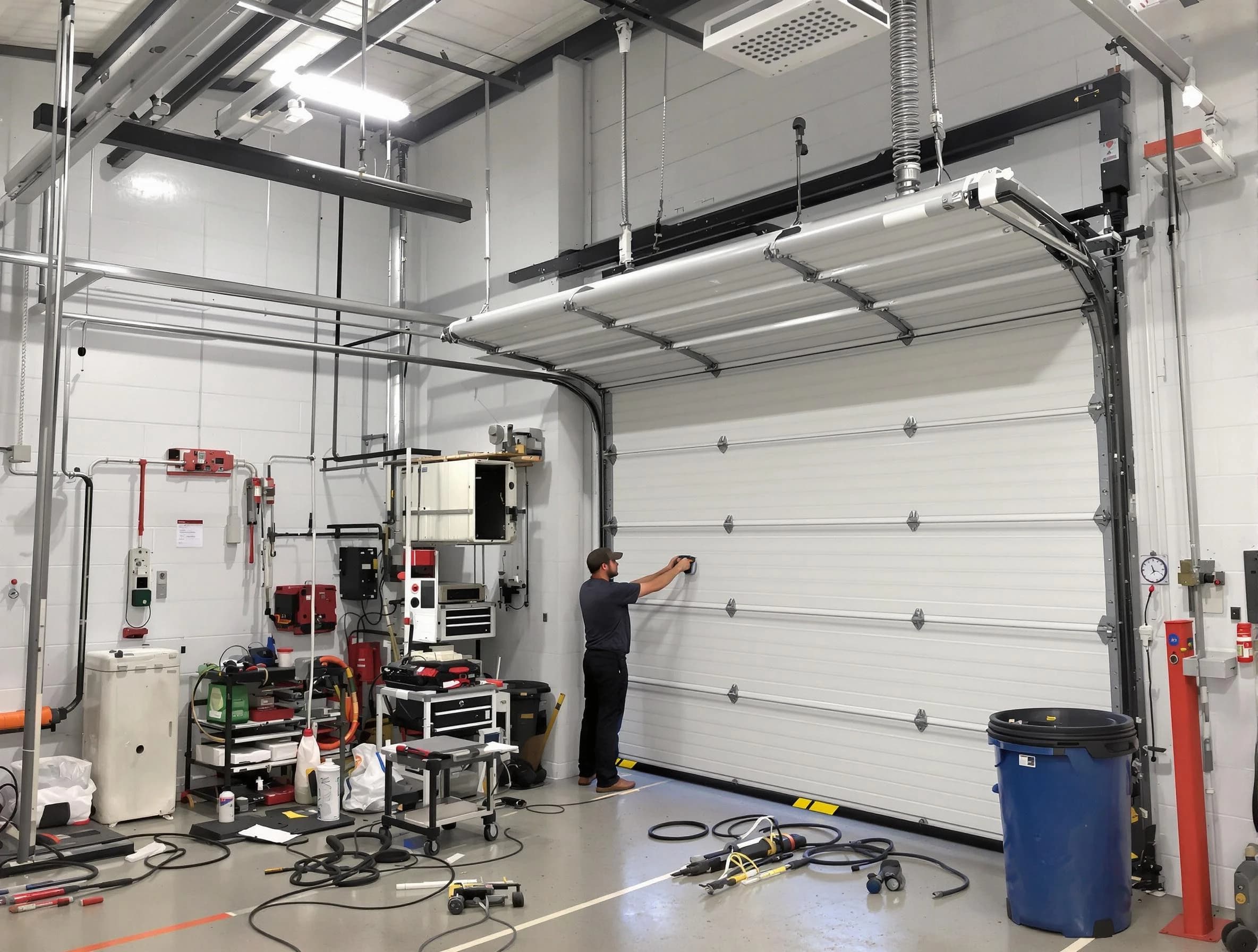 Monroe Garage Door Repair certified technician performing commercial door repair at a Monroe business facility