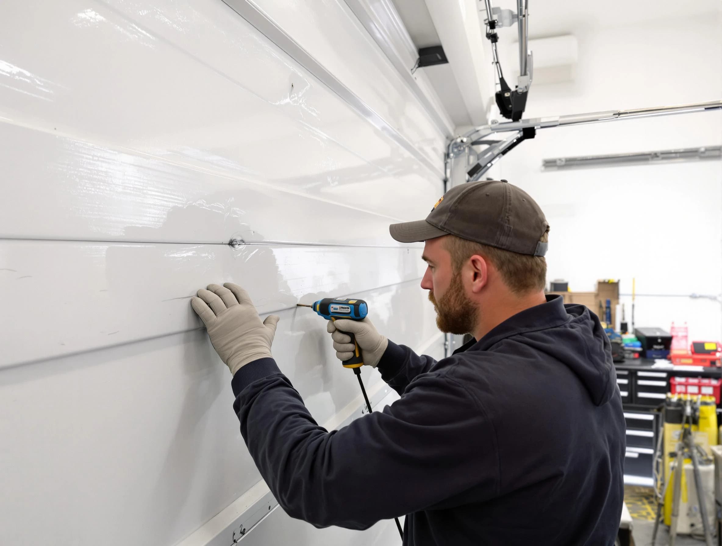 Monroe Garage Door Repair technician demonstrating precision dent removal techniques on a Monroe garage door