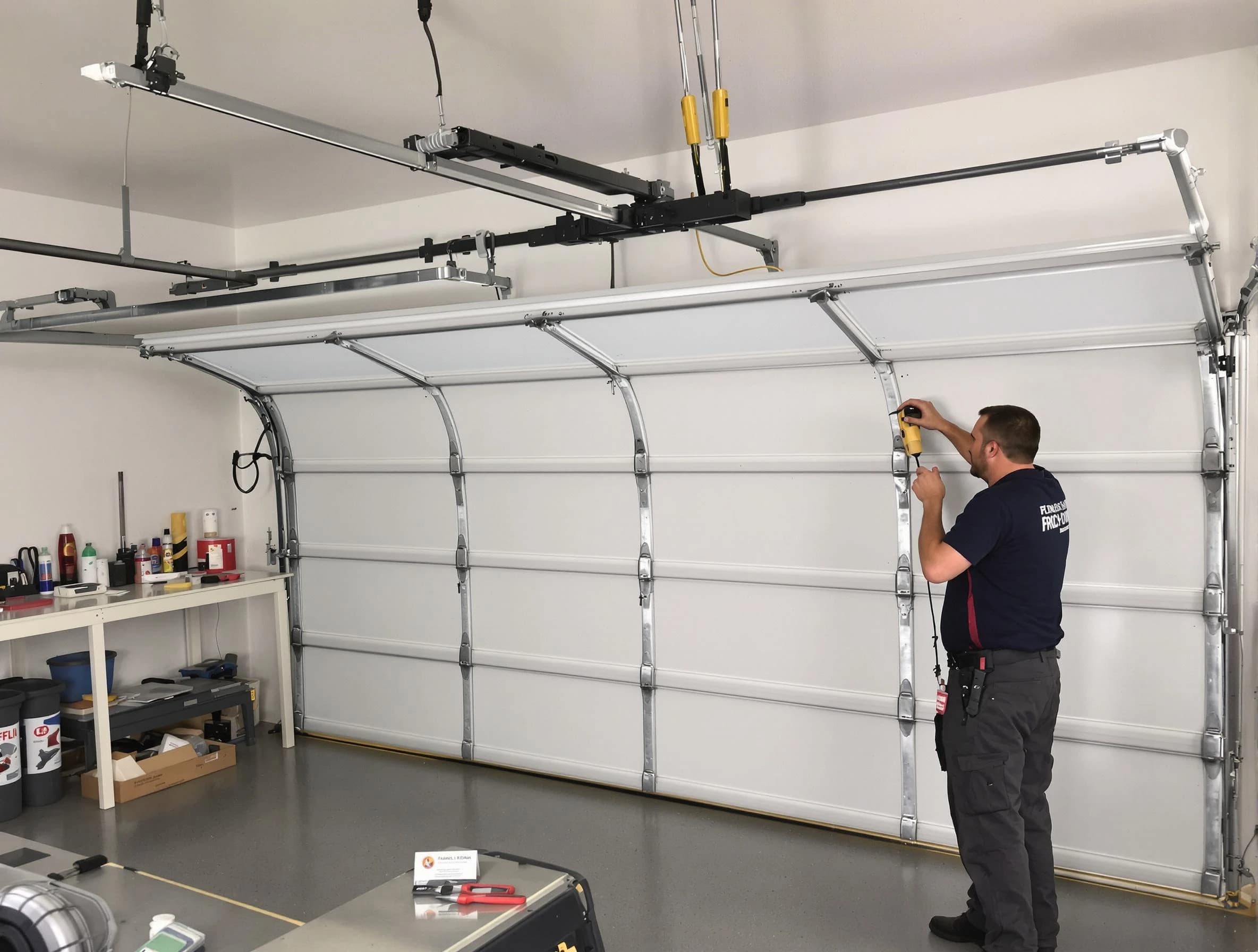Monroe Garage Door Repair certified technician performing overhead door system repair in Monroe