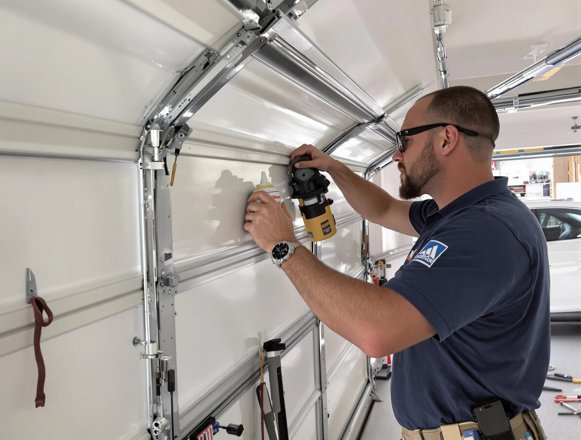 Monroe Garage Door Repair technician performing comprehensive noise reduction service in Monroe
